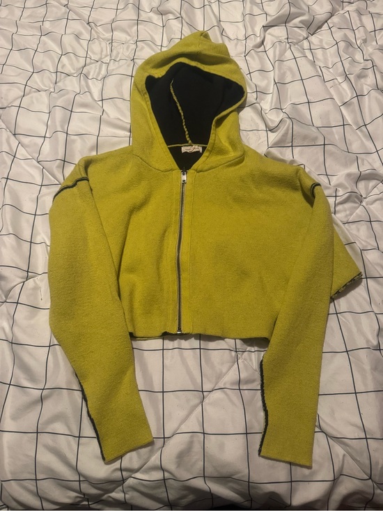 silence + noise Tops - silence + noise Lime Green Cropped Teddy Zip Hoodie